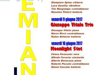 Semiana Jazz 2017<br><br>venerdì 26 maggio 2017:  Luigi Tessarollo Trio<br>Luigi tessarollo (chitarra)<br>Alberto Gurrisi (organo Hammond)<br>Enzo Zirilli (batteria)<br><br>venerdì 2 giugno 2017<br>Giampiero Spina 4tet<br>Giampiero Spina (chitarra)<br>Luca Gusella (vibrafono)<br>Tito Mangialajo (contrabbasso)<br>Massimo Pintori (batteria)<br><br>venerdì 9 giugno 2017<br>Giuseppe Vitale Trio<br>Giuseppe Vitale (piano)<br>Marco Ricci (contrabbasso)<br>Ruben Bellavia (batteria)<br><br>venerdì 16 giugno 2017:  Moonlight 5tet<br>Chiara Perazzolo (voce)<br>Alfredo Ferrario (clarinetto)<br>Alberto Bonacasa (piano)<br>Roberto Piccolo (contrabbasso)<br>Gianni Cazzola (batteria)<br><br>Comune di Semiana<br>Via Vittorio Veneto n. 18 - ore 21,15<br>Informazioni Comune di Semiana 0384804615<br>info@comunesemiana.pv.it